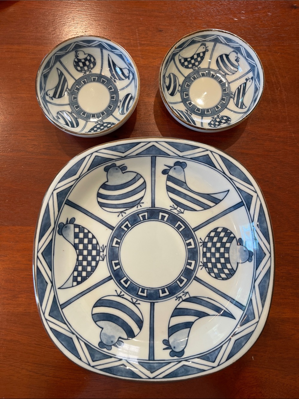 Blue & White Ceramic Serving Bowl and Two Small Dishes